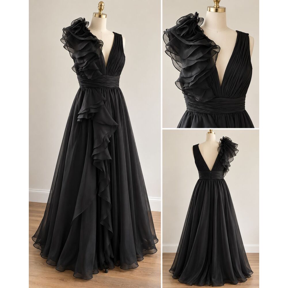 Mac Duggal Black One-Shoulder Ruffle Chiffon Gown Size 4